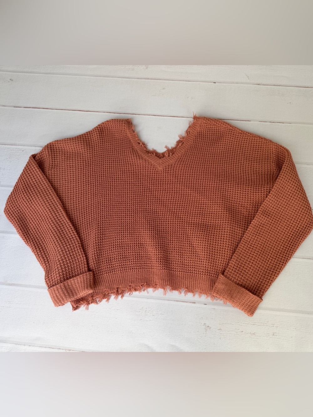 Moon & Madison Dusty Rose Pink Distressed Frayed Hem Crop Sweater Size L Boho